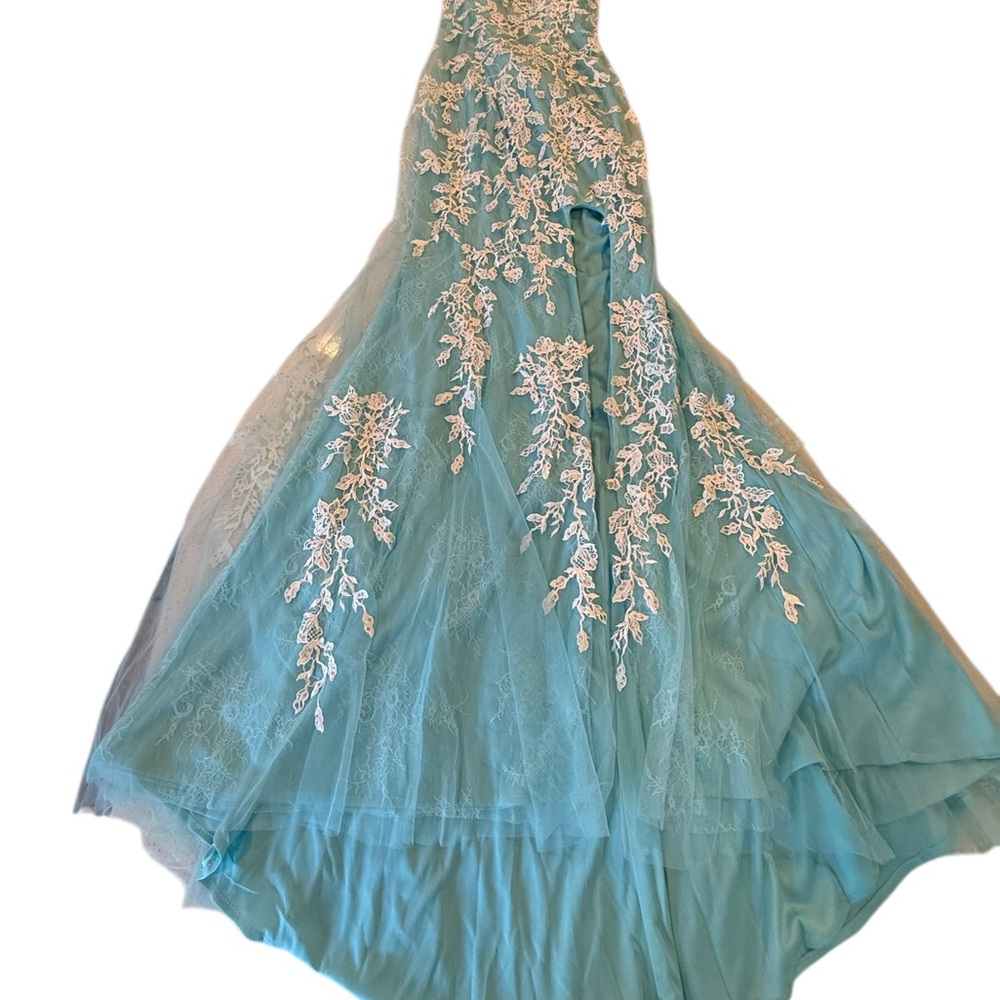 Jovani Turquoise Long Appliqued High Slit Sheath Gown NEW Size 4 Mermaid JVN - Picture 10 of 16